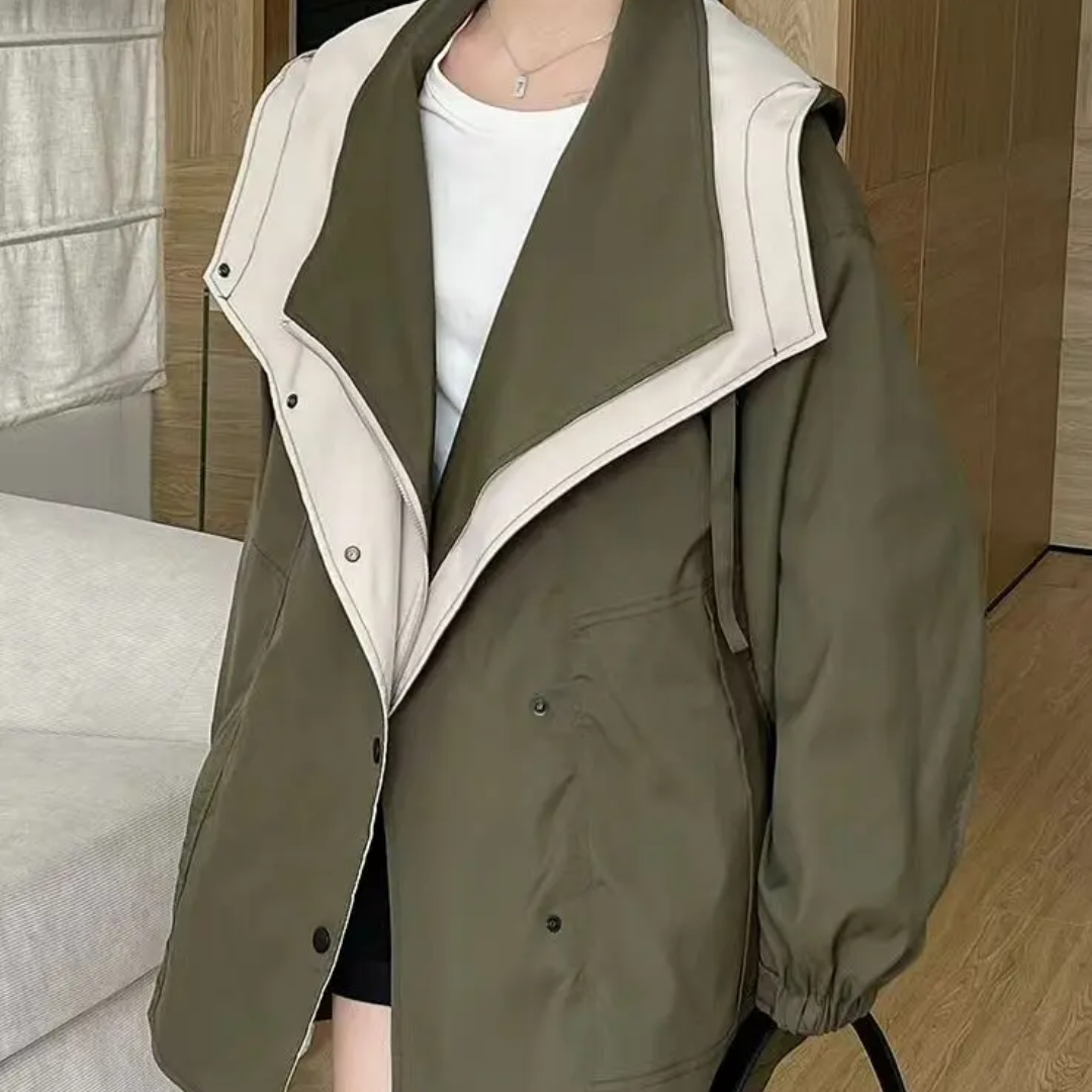 Women's Color Block Trench Coat with Wide Collar and Button Front Closure