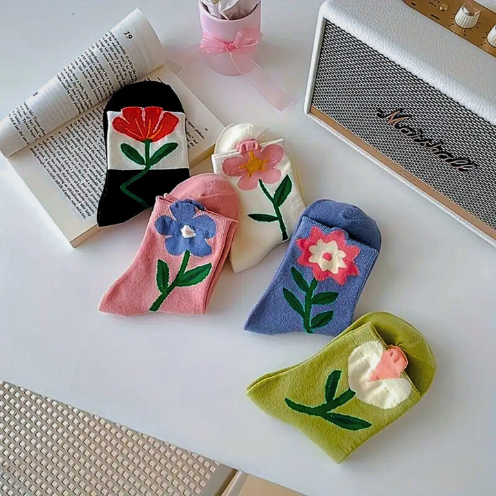 Women's Crew Socks Set with Floral Appliqué Design