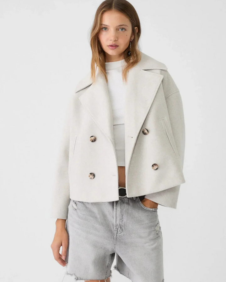 Women's Cropped Double Breasted Jacket with Notch Lapel Collar