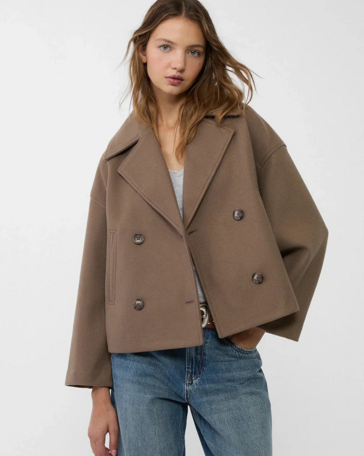 Women's Cropped Double Breasted Jacket with Notch Lapel Collar