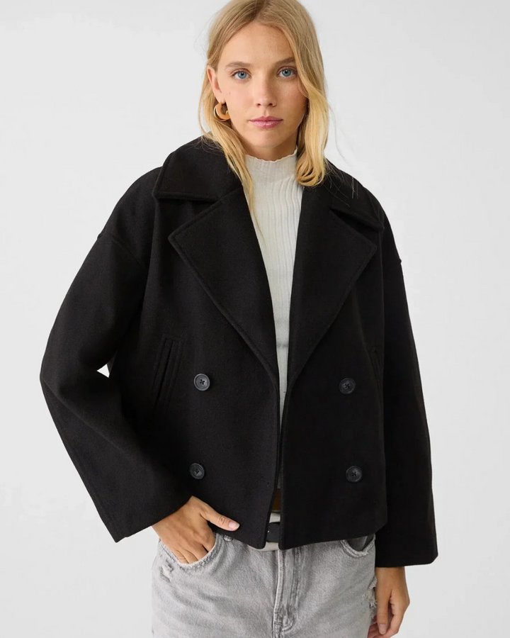 Women's Cropped Double Breasted Jacket with Notch Lapel Collar