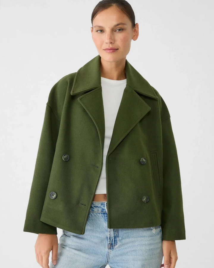 Women's Cropped Double Breasted Jacket with Notch Lapel Collar