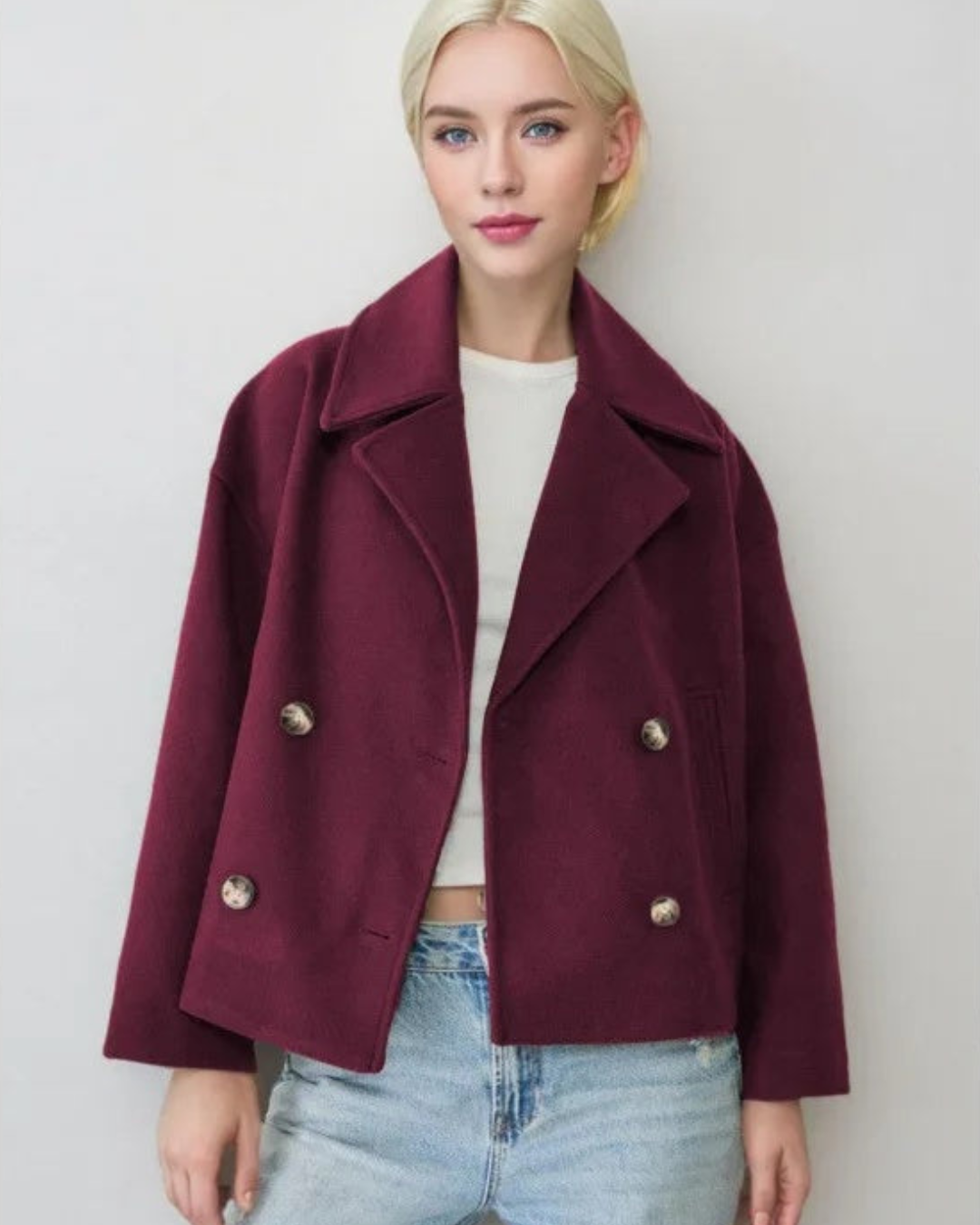 Women's Cropped Double Breasted Jacket with Notch Lapel Collar