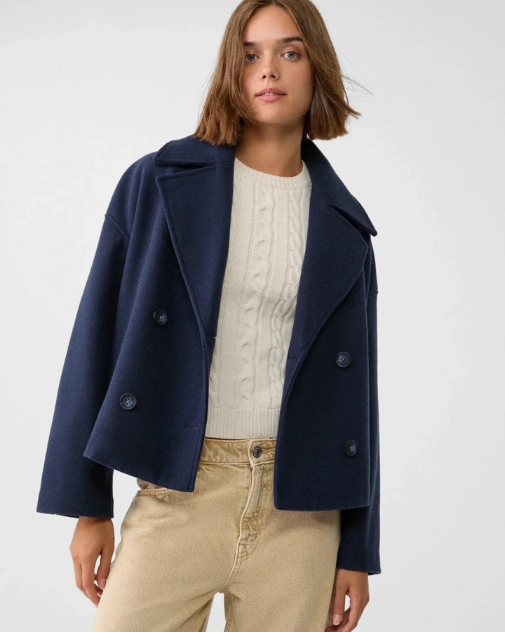 Women's Cropped Double Breasted Jacket with Notch Lapel Collar