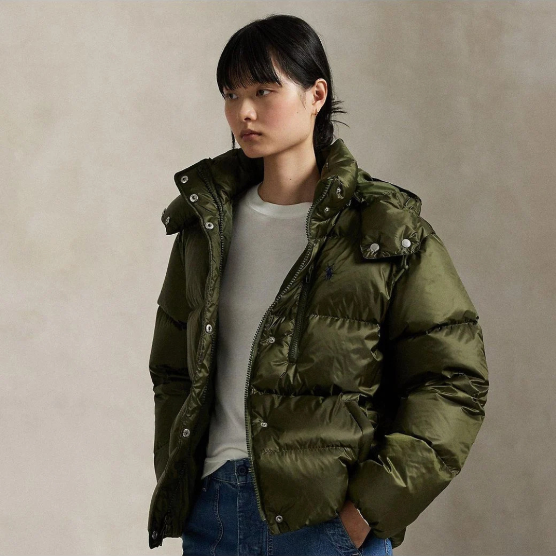 Women's Cropped Puffer Jacket with High Collar and Snap Button Closure