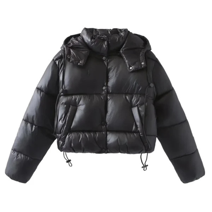 Women's Cropped Puffer Jacket with High Collar and Snap Button Closure