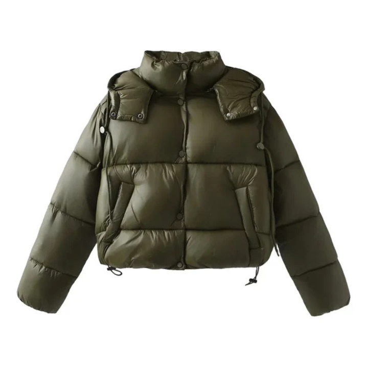 Women's Cropped Puffer Jacket with High Collar and Snap Button Closure