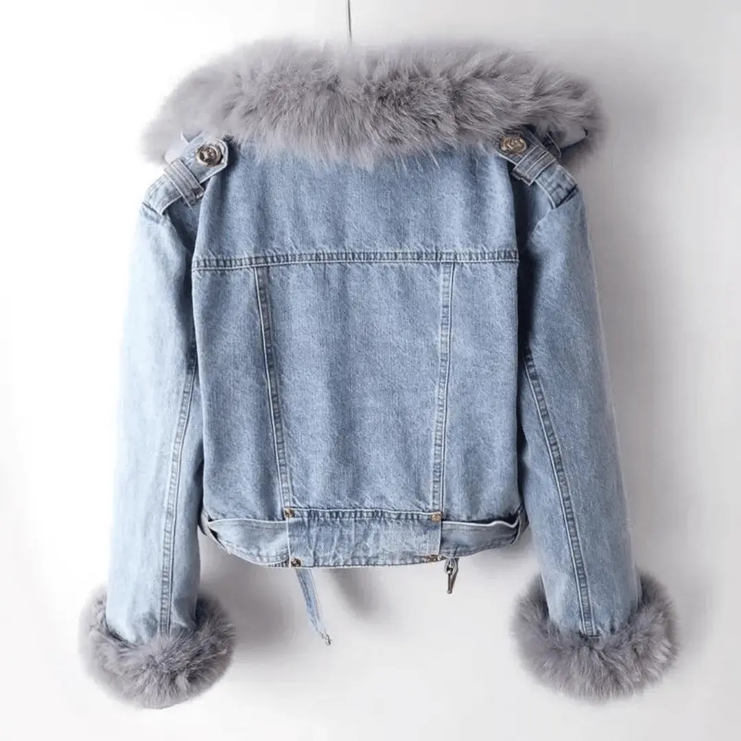 Women's Denim Jacket with Faux Fur Collar and Asymmetric Zip Closure