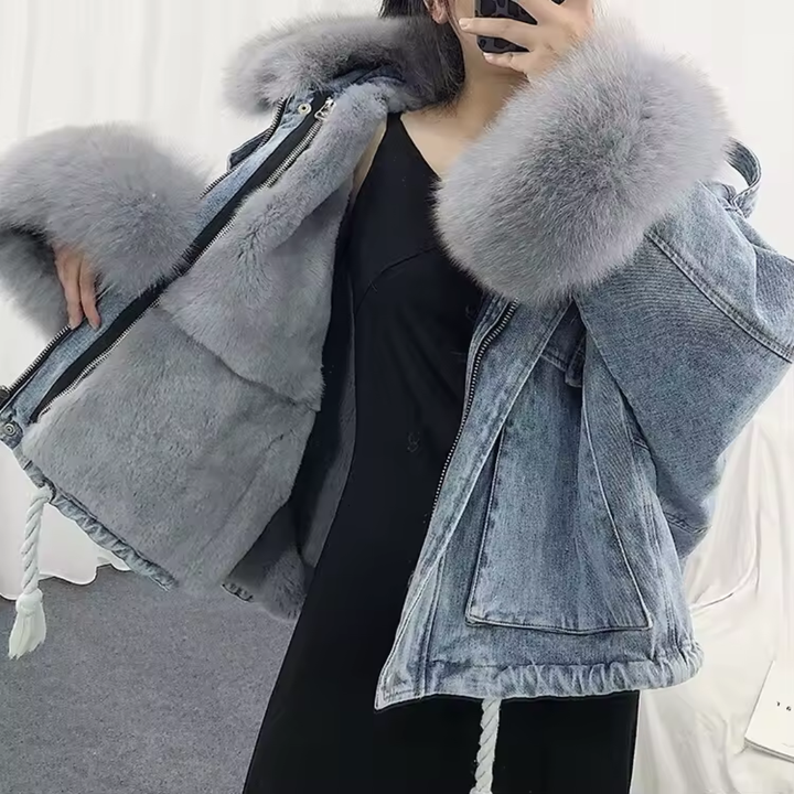 Women's Denim Jacket with Faux Fur Collar and Asymmetric Zip Closure