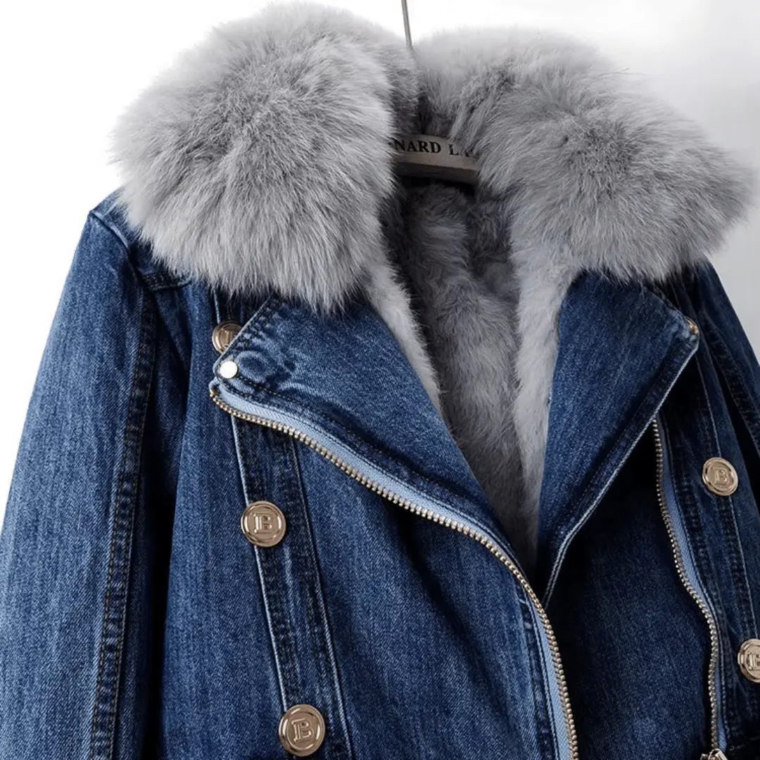 Women's Denim Jacket with Faux Fur Collar and Asymmetric Zip Closure