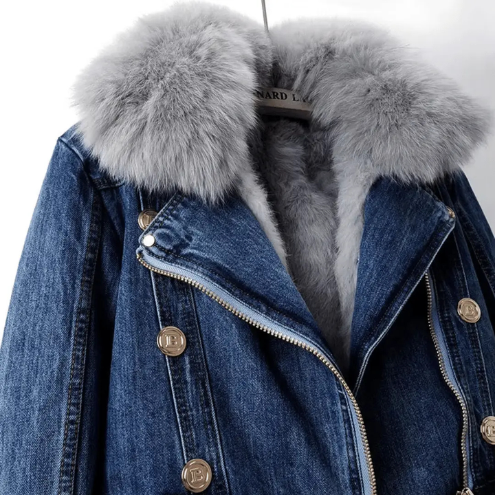 Women's Denim Jacket with Faux Fur Collar and Asymmetric Zip Closure