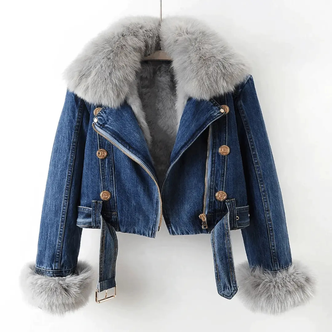 Women's Denim Jacket with Faux Fur Collar and Asymmetric Zip Closure