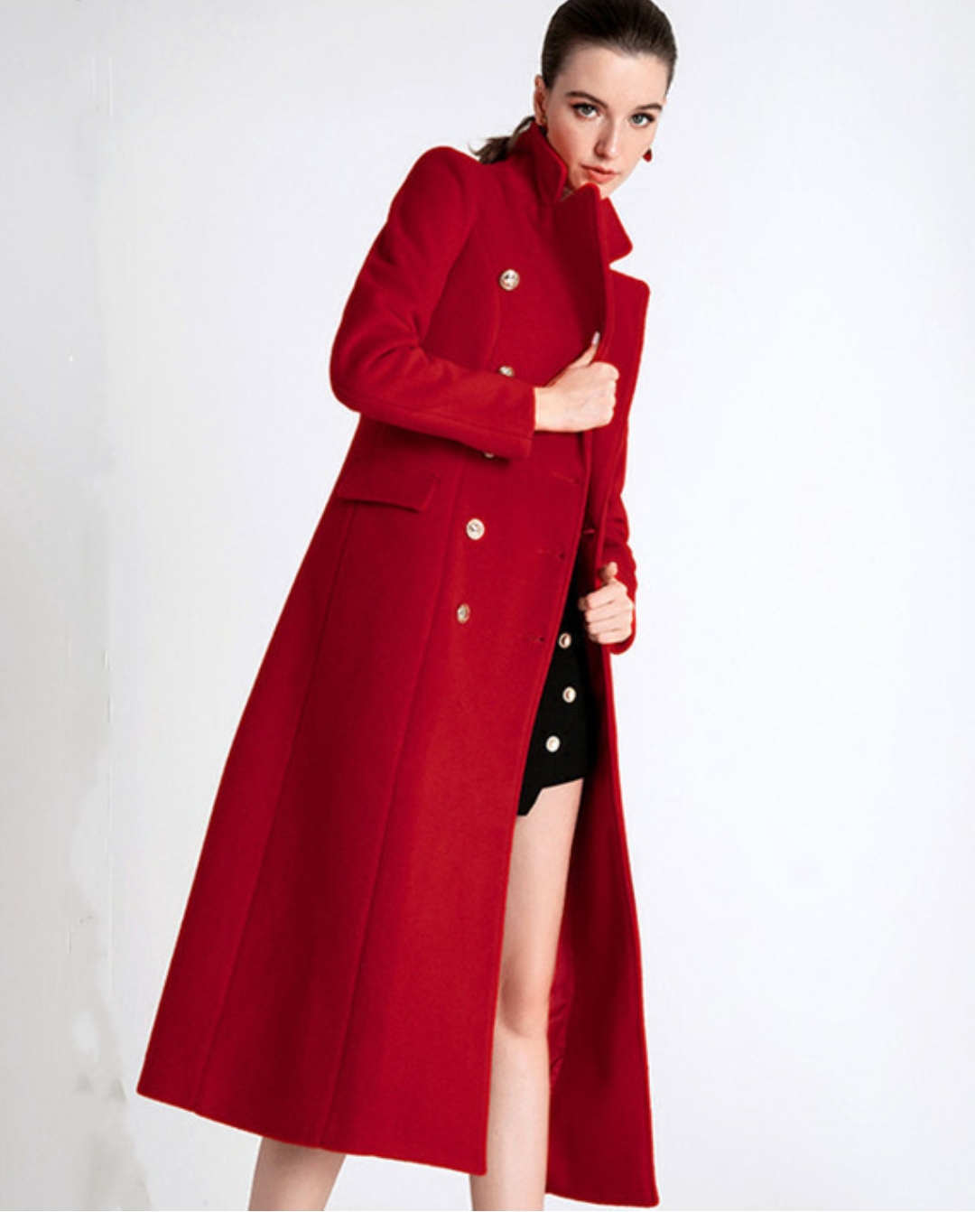 Women's Double Breasted Coat with Notched Lapels and Gold Tone Buttons