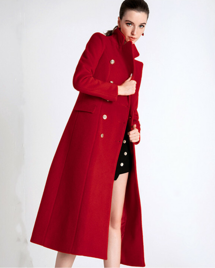 Women's Double Breasted Coat with Notched Lapels and Gold Tone Buttons