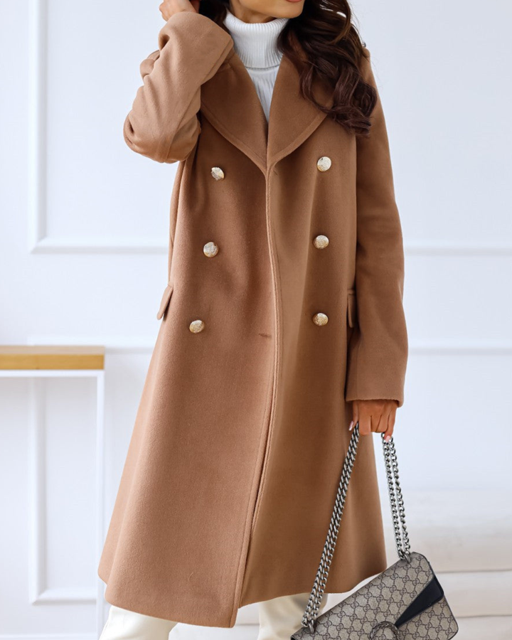 Women's Double Breasted Coat with Notched Lapels and Gold Tone Buttons