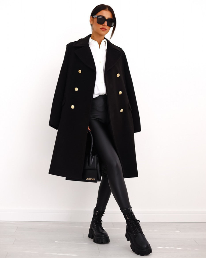 Women's Double Breasted Coat with Notched Lapels and Gold Tone Buttons