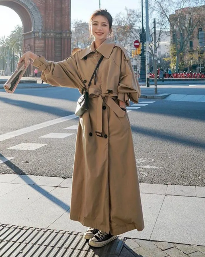 Women's Double Breasted Trench Coat with Notched Lapels and Waist Belt