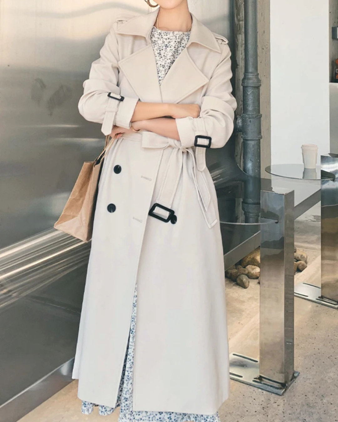 Women's Double Breasted Trench Coat with Notched Lapels and Waist Belt