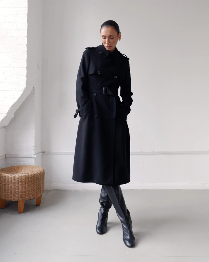 Women's Double Breasted Trench Coat with Notched Lapels and Waist Belt