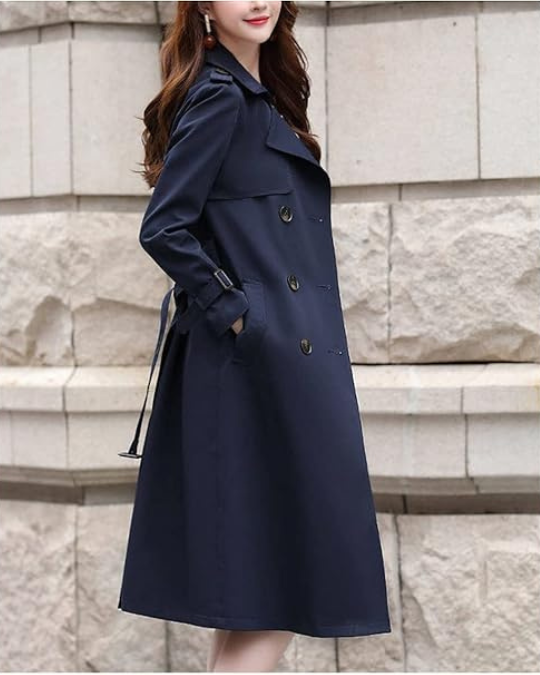 Women's Double Breasted Trench Coat with Notched Lapels and Waist Belt