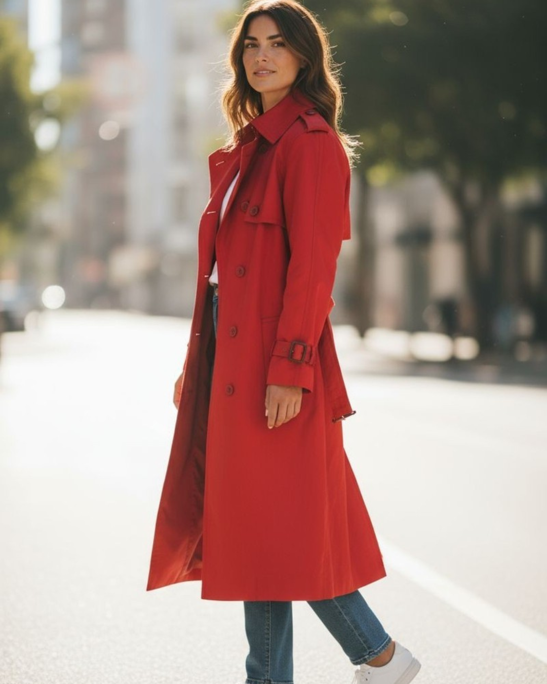 Women's Double Breasted Trench Coat with Notched Lapels and Waist Belt