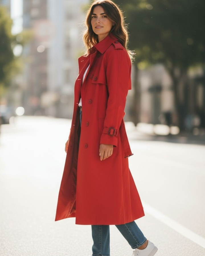 Women's Double Breasted Trench Coat with Notched Lapels and Waist Belt
