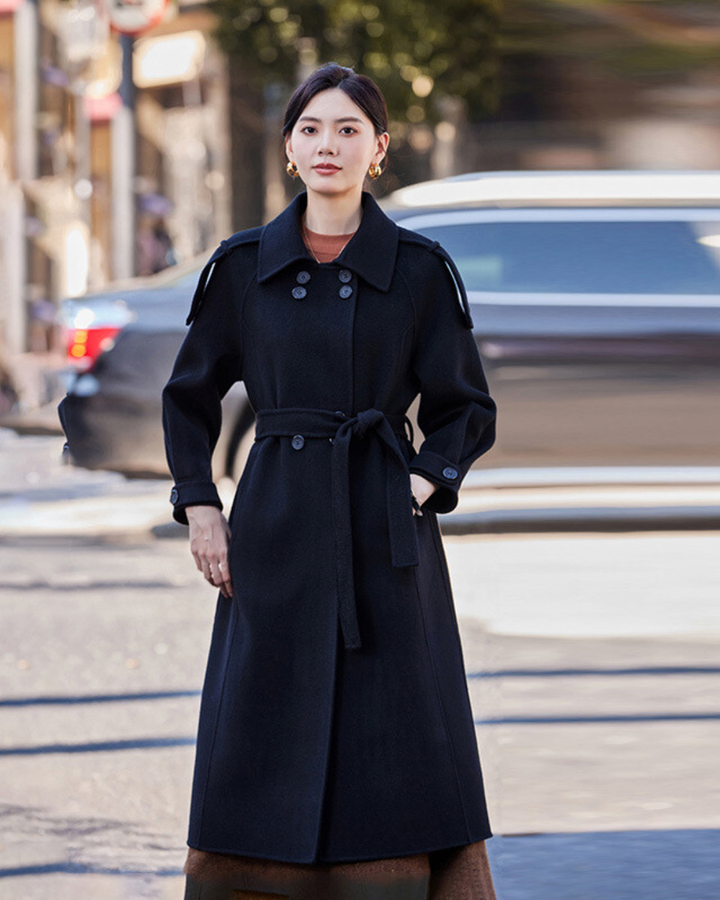 Women's Double Breasted Trench Coat with Wide Lapels and Waist Belt