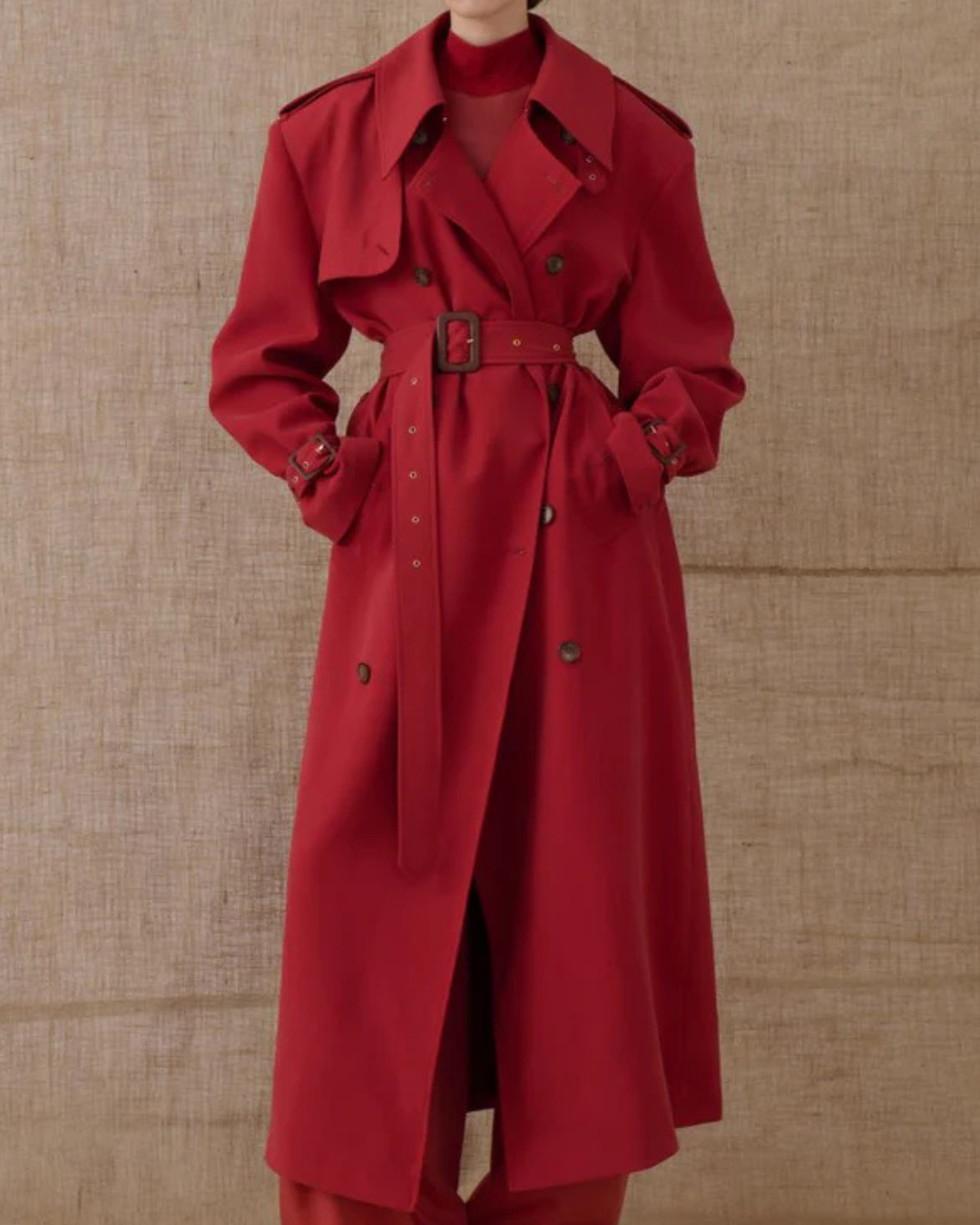 Women's Double Breasted Trench Coat with Wide Lapels and Waist Belt