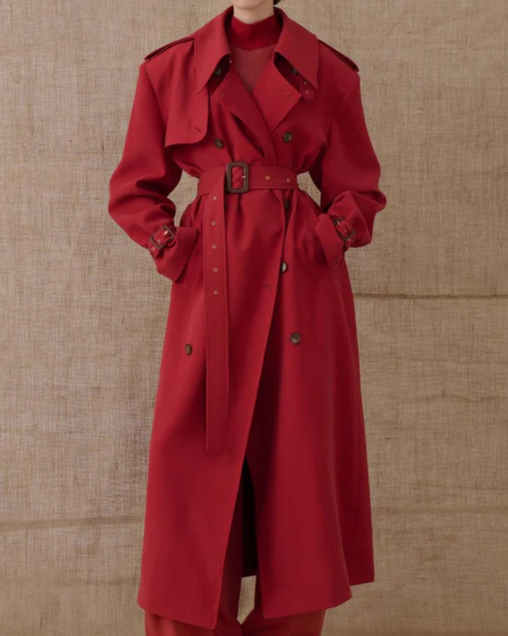 Women's Double Breasted Trench Coat with Wide Lapels and Waist Belt