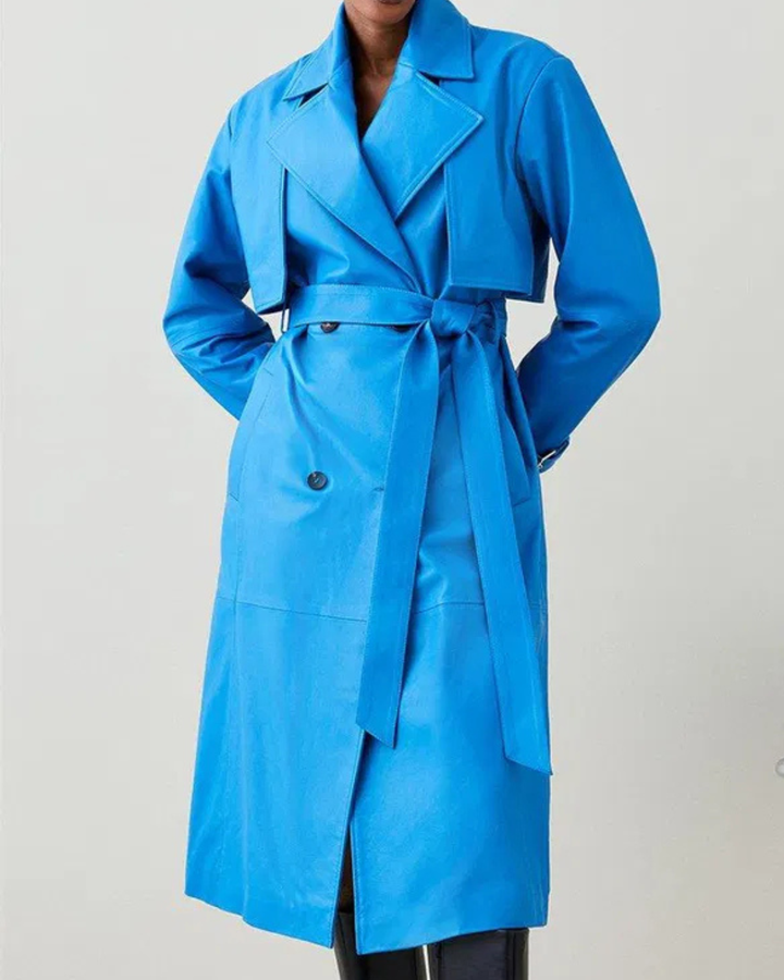 Women's Double Breasted Trench Coat with Wide Lapels and Waist Belt