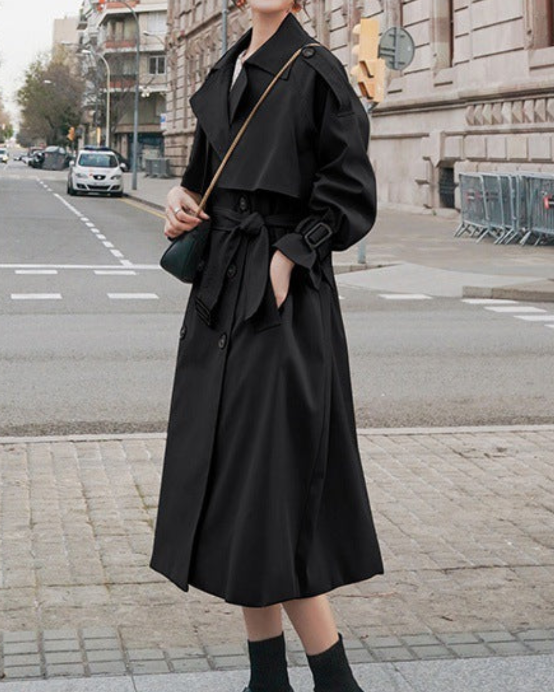 Women's Double Breasted Trench Coat with Wide Lapels and Waist Belt