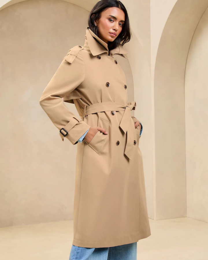 Women's Double Breasted Trench Coat with Wide Lapels and Waist Belt
