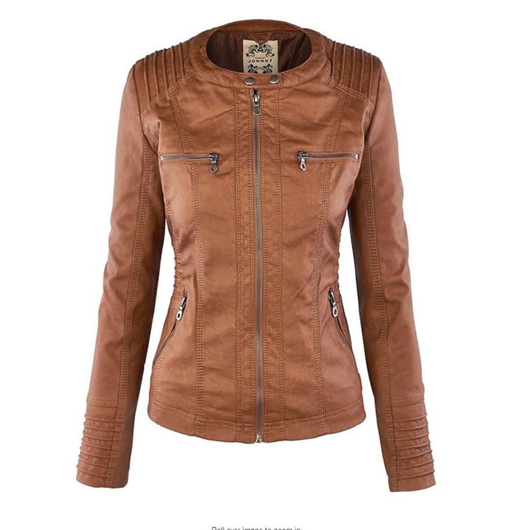 Women's Faux Leather Jacket with Removable Hood and Quilted Sleeves