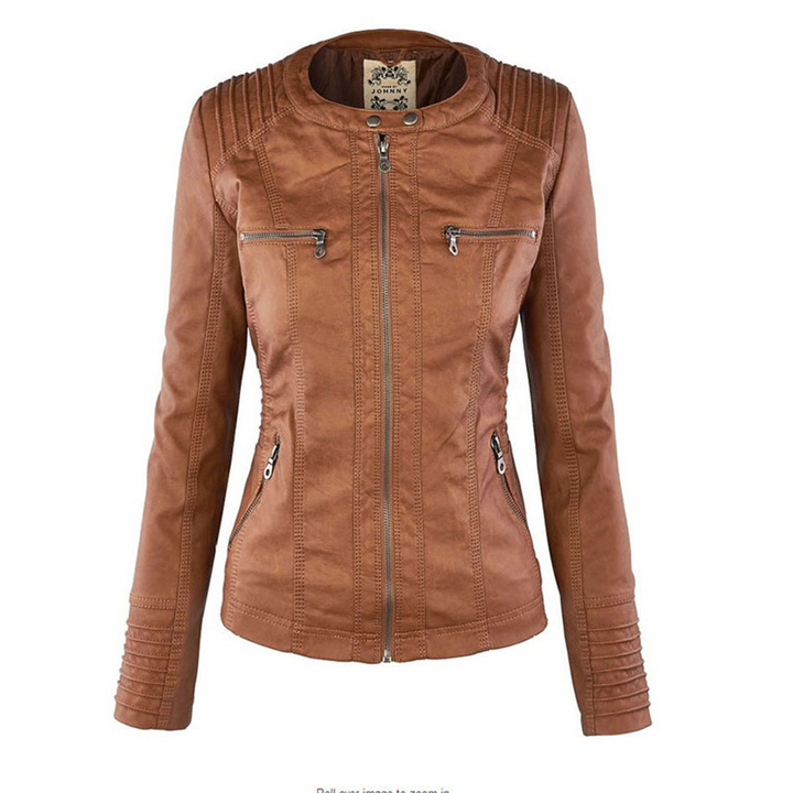 Women's Faux Leather Jacket with Removable Hood and Quilted Sleeves