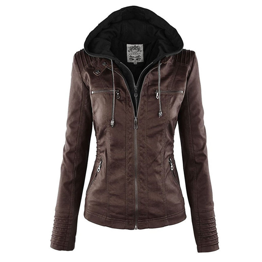 Women's Faux Leather Jacket with Removable Hood and Quilted Sleeves