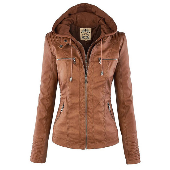 Women's Faux Leather Jacket with Removable Hood and Quilted Sleeves