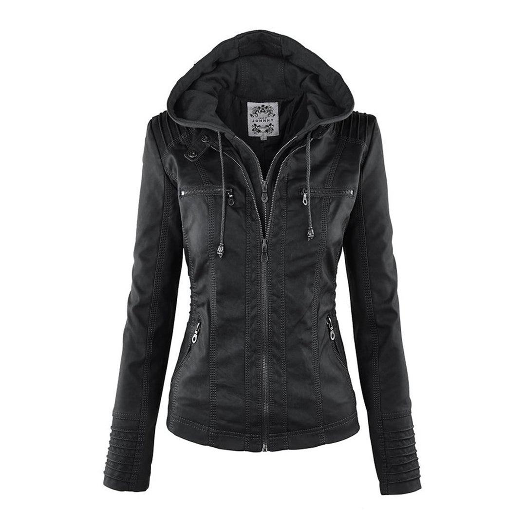 Women's Faux Leather Jacket with Removable Hood and Quilted Sleeves
