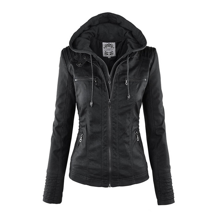 Women's Faux Leather Jacket with Removable Hood and Quilted Sleeves