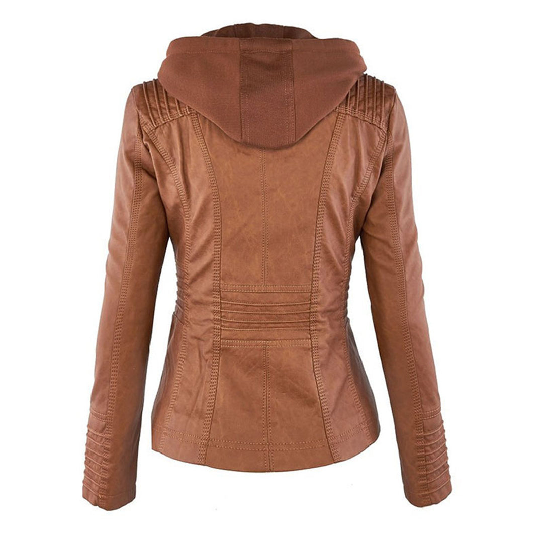 Women's Faux Leather Jacket with Removable Hood and Quilted Sleeves