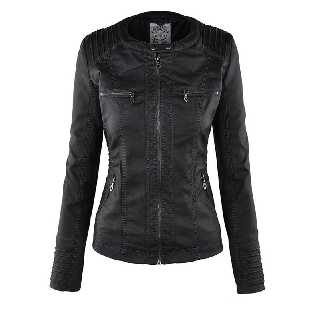 Women's Faux Leather Jacket with Removable Hood and Quilted Sleeves