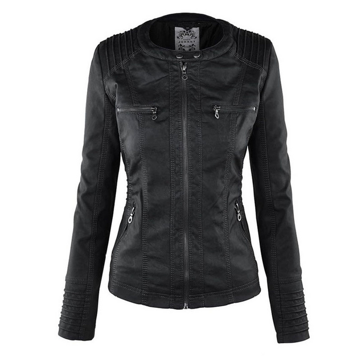 Women's Faux Leather Jacket with Removable Hood and Quilted Sleeves