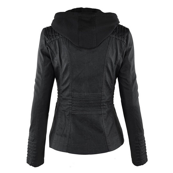Women's Faux Leather Jacket with Removable Hood and Quilted Sleeves