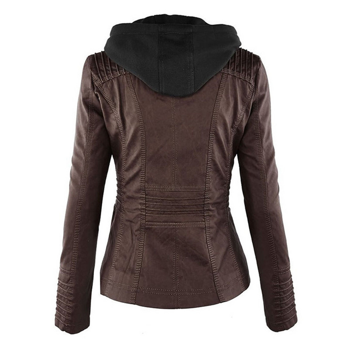 Women's Faux Leather Jacket with Removable Hood and Quilted Sleeves