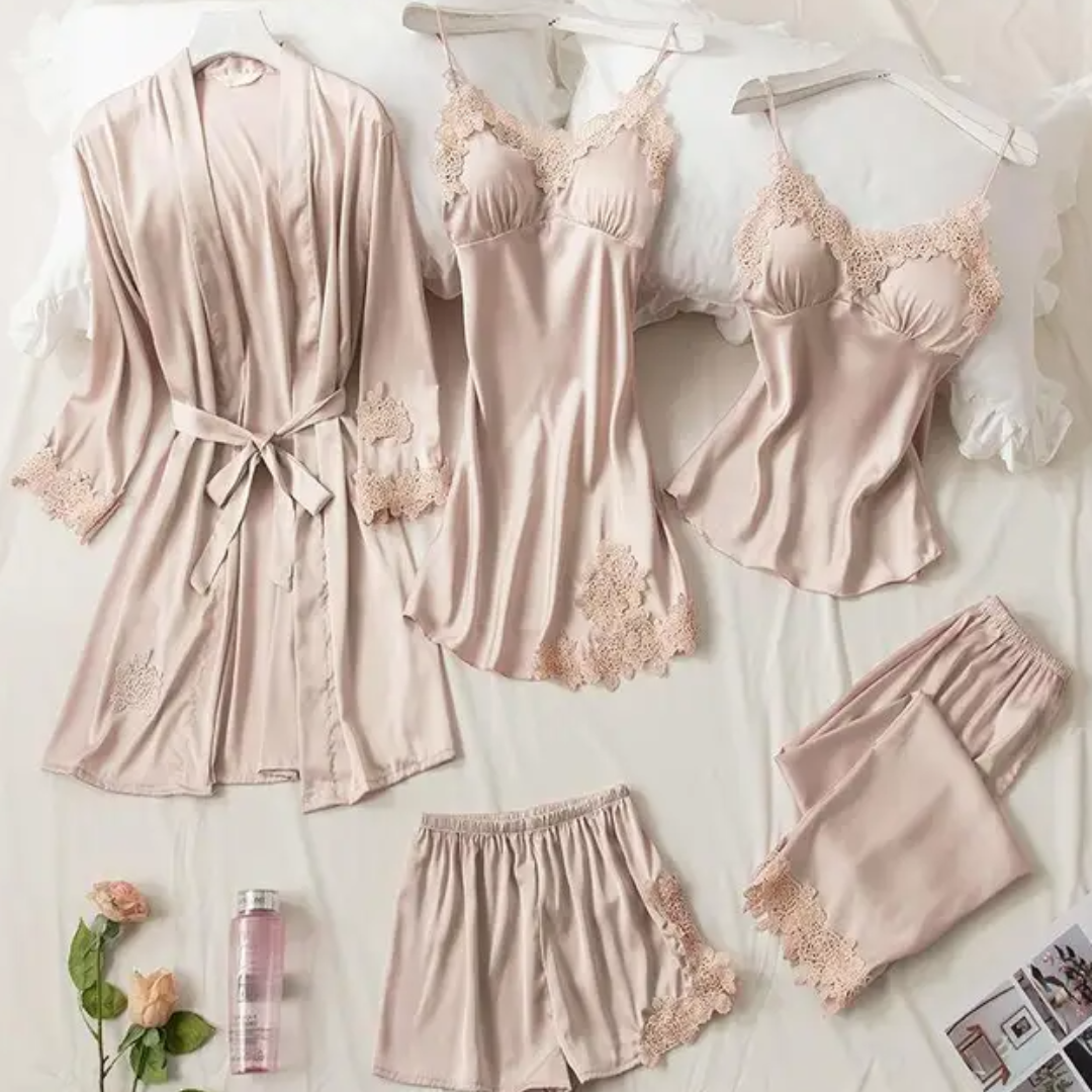 Women's Five Piece Sleepwear Set with Lace Trim Details