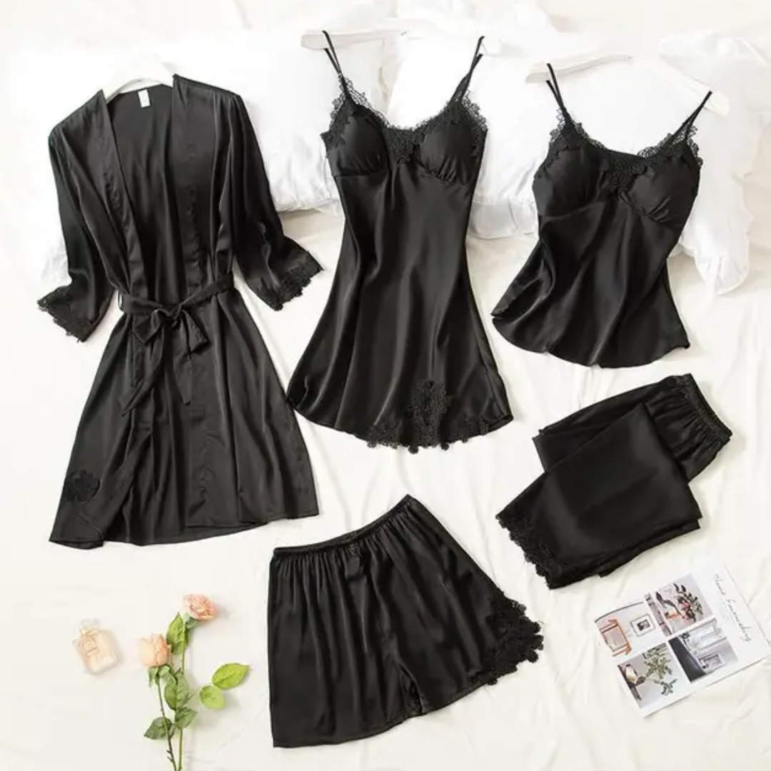 Women's Five Piece Sleepwear Set with Lace Trim Details