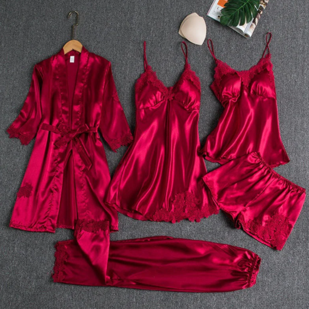 Women's Five Piece Sleepwear Set with Lace Trim Details