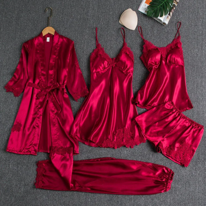 Women's Five Piece Sleepwear Set with Lace Trim Details