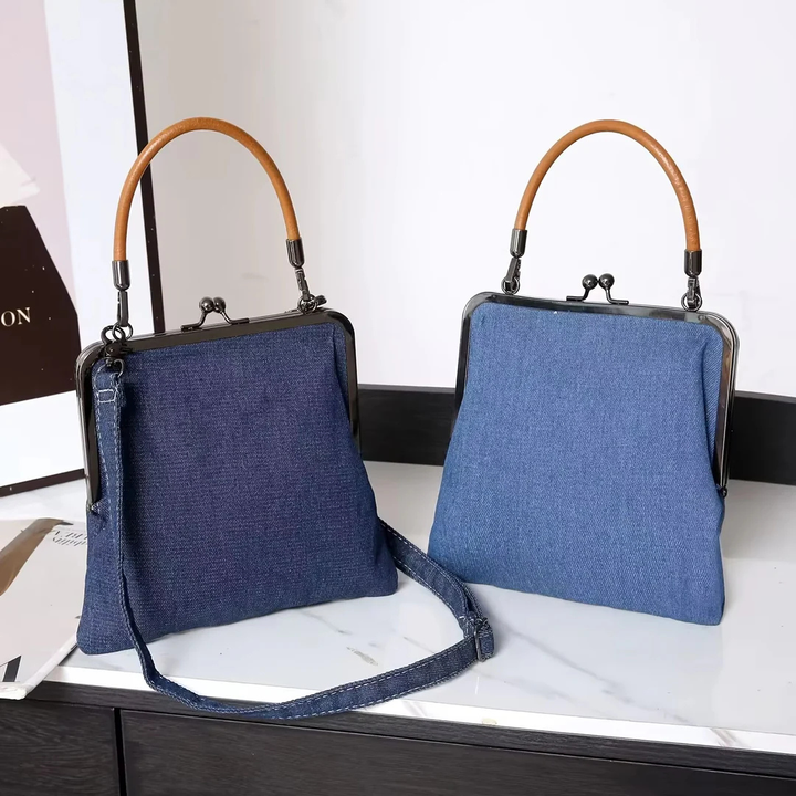 Women's Frame Top Handbag with Denim Body and Leather Handle