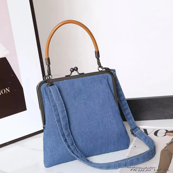 Women's Frame Top Handbag with Denim Body and Leather Handle