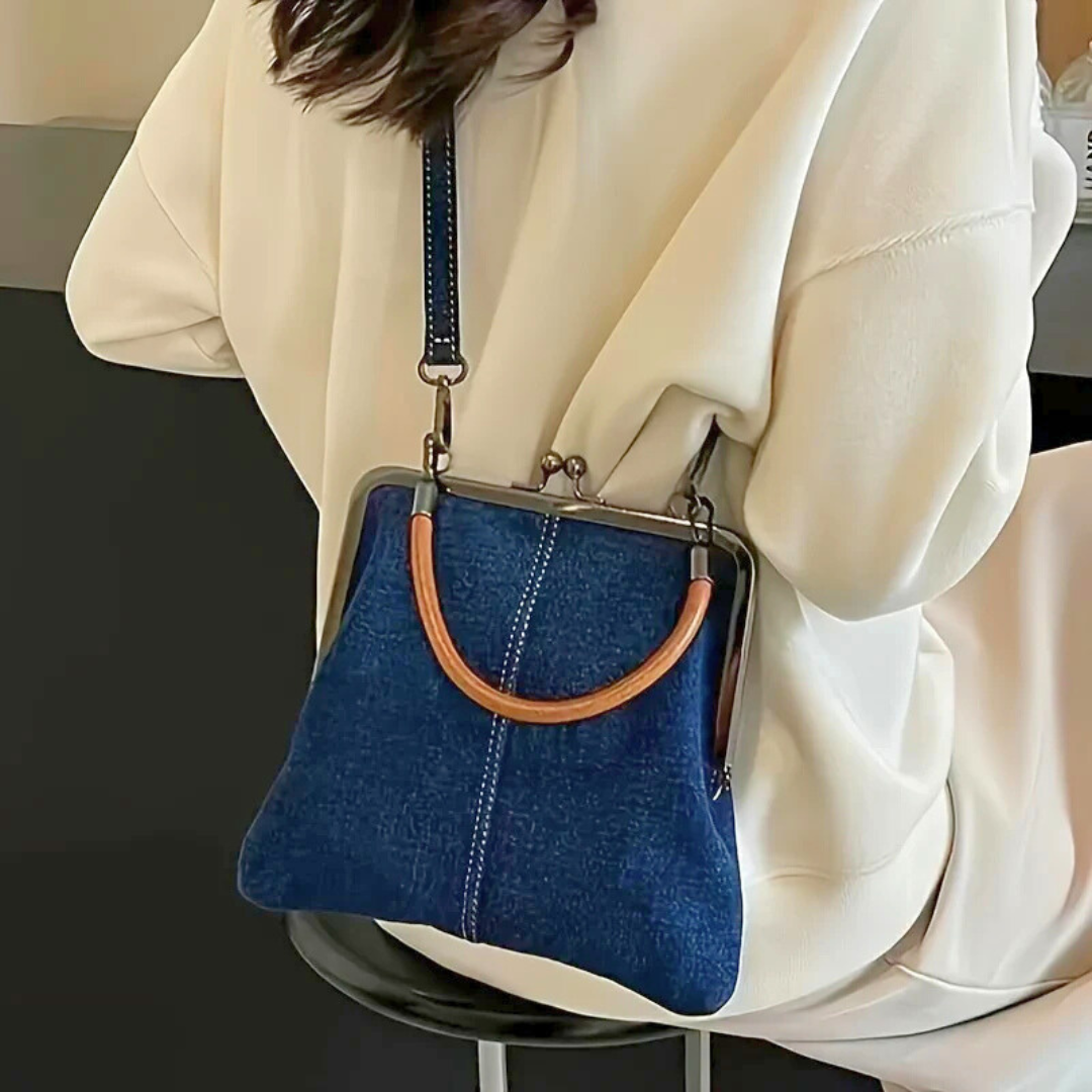 Women's Frame Top Handbag with Denim Body and Leather Handle